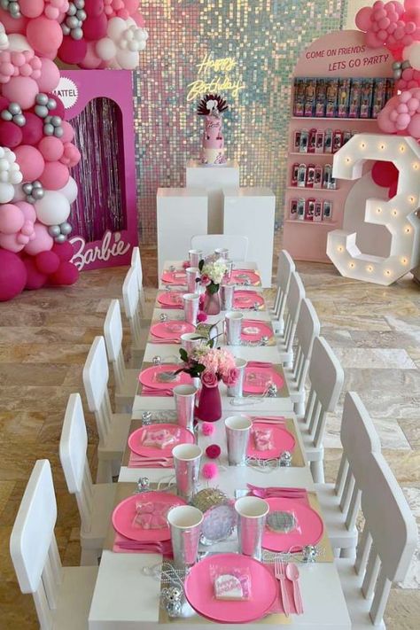 Check out this fun Barbie pool birthday party! The table settings are stunning! See more party ideas and share yours at CatchMyParty.com Barbie Party Table Setting, Kids Table For Birthday Party, 2nd Birthday Barbie Theme, Barbie Food Table, Barbie Set Up, Barbie 1st Birthday Party, Barbie Party Table Set Up, Barbie Tea Party Birthday, Kids Birthday Party Table Set Up