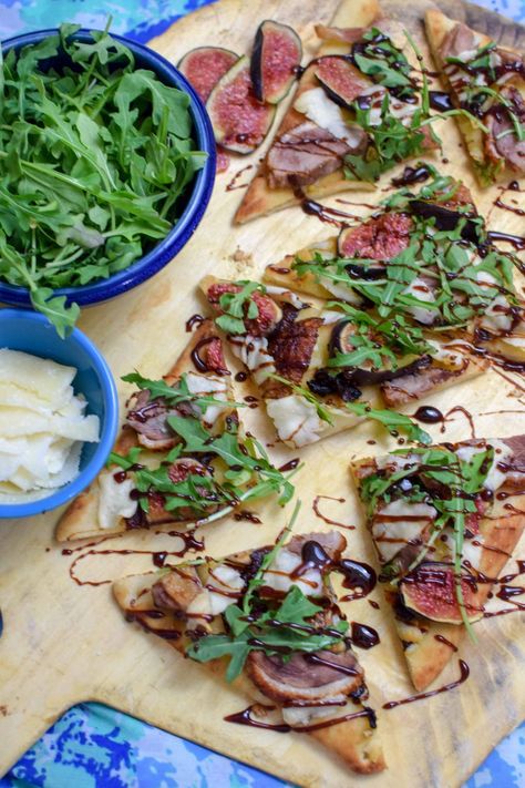 Duck + Fresh Fig Pizza with Balsamic Drizzle - The Beard And The Baker Crispy Duck Recipes, Flatbread Appetizers, Fig Pizza, Drizzle Recipe, Balsamic Drizzle, Roasted Duck, Duck Confit, Fig Recipes, Roast Duck