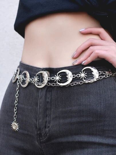 Moon Chain Belt, Star Chain Belt, Belts Aesthetic, Silver Chain Belt, Moon Costume, Moon Chain, Moon Accessories, Pant Chains, Space Outfit