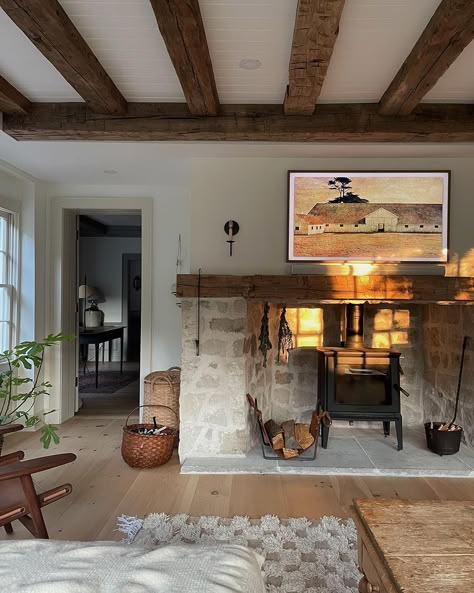 Mamawatters House, Wood Stove In Fireplace, Stove In Fireplace, Amanda Watters, Dream Cottage, Primitive Farmhouse, Vintage Modern, Start The Day, Board Ideas