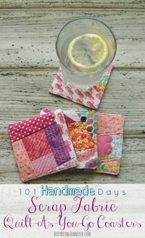 DIY Scrap Quilt-As-You-Go Coasters #101handmadedays - BusyBeingJennifer.com #101HandmadeDays Quilted Coasters, Mug Rug Patterns, Quilted Gifts, Fabric Coasters, Quilt As You Go, Scrappy Quilt, Scrap Fabric, Diy Coasters, Diy Quilt