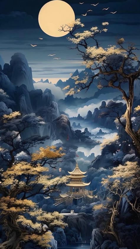 Chinese Background, Chinese Wallpaper, Glitter Wall Art, Iphone Dynamic Wallpaper, Cool Pictures For Wallpaper, Asian Painting, Chinese Landscape, Fantasy Paintings, Art Gallery Wallpaper