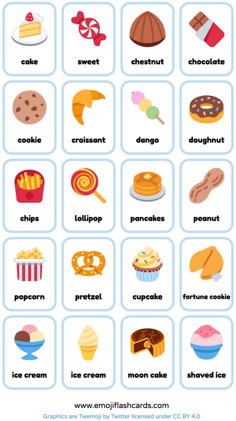 Free Snacks and Deserts English Printable Flashcards - made from emoji. (ESL Flashcards) #teachenglish #learnenglish #studyenglish Flash Cards For Kids Ideas, Vocabulary For Kids English, Food Preschool Activities, Flashcards For Kids Printables, Healthy Vs Unhealthy Food Preschool, English Flash Cards, Food Flashcards Free Printable, Food In English For Kids, Flashcard Ideas