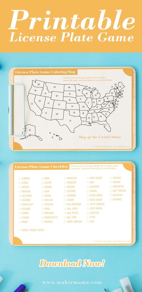 Looking for a fun and easy way to keep your kids occupied on your next family road trip? Download my FREE license plate game printable map and checklist! License Plate Game Printable Free Prints, State License Plate Game Free Printable, License Plate Game Printable, Free Road Trip Printables, Printable Roadtrip Game, License Plate Game, Road Trip Printables, Road Trip Games, Family Road Trip