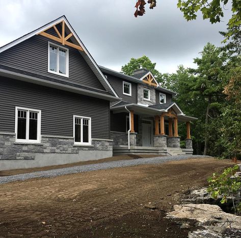 Grey Siding House, Grey Farmhouse Exterior, 1910 Farmhouse, Gray Houses, Dark Farmhouse, Dark Grey Houses, Grey Exterior House Colors, Grey Farmhouse, Outside House Colors