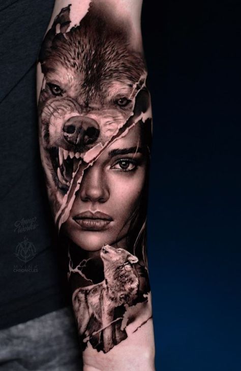 Wolf Girl Tattoo Wolf Girl Tattoos, Wolf Headdress, Wolf Tattoos For Women, Headdress Tattoo, Tiger Tattoo Sleeve, Face Tattoos For Women, Animal Sleeve Tattoo, Catrina Tattoo, Native American Tattoo