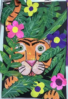 Elements of the Art Room: 3rd Grade Painted Paper Henri Rousseau and Cassie Stephens inspired Tiger Collage Henri Rousseau Tiger, Painted Paper Art Projects, Grade 3 Art Lessons, Cultural Art Lessons, Spring Art Lessons Elementary, Grade 3 Art Projects, Cassie Stephens Art Lessons, Kindergarten Art Projects Easy, Matisse Art Project