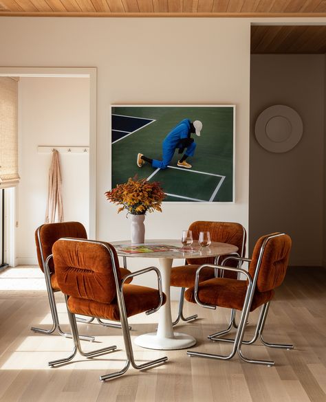 #ChairOfTheWeek - As the fall season approaches, we can't help but feel drawn to rich pumpkin hues like that of these vintage chairs. Design by @anne_mcdonald_design and featured in @jennikayne. #favoriteseating #vintagechairs #gametable #pumpkinspice #autumnalcolors #fallseason Anne Mcdonald Design, Oregon Beach House, Oregon Beach, Oregon House, Oregon Beaches, Art Chair, Scandi Style, Vintage Chairs, Oregon Coast