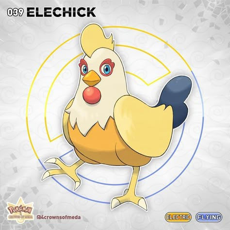 4 Crowns of Meda 👑👑👑👑 on Instagram: "ELECHICK Classification: Chick Pokémon Type: Electric/Flying Ability: Run Away Height: 0,5m Weight: 9,4kg Dex Entry: They still do not control their electrical power correctly, so they remain isolated from the rest until they evolve. HP: 60 Attack: 65 Defense: 70 Special Attack: 85 Special Defense: 75 Speed: 40 Total: 395 Evolution: Evolves into Rooshock at level 38 if it’s male. Evolves into Hengarde at level 38 if it’s female. Level Up Moves - Peck (Fly Fakemon Flying Type, Sprigatito Pokemon, Fakemon Art, Flying Type Pokemon, Fakemon Ideas, Church Banners Designs, Flying Type, Pokemon Fake, Pokemon Oc