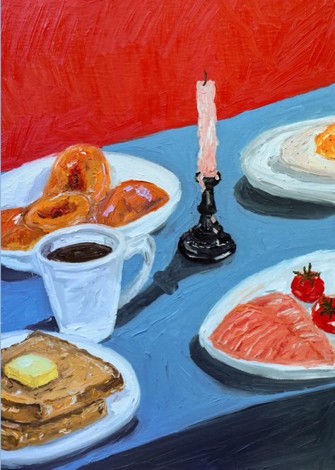 Breakfast Spread, Tasmanian Oak, Food Painting, Gouache Art, Night Art, Funky Art, Still Life Painting, Limited Edition Prints, Oil Pastel