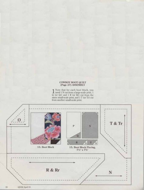 Cowboy Boot Pattern, p 26. Quilter's Newsletter, April 1993.