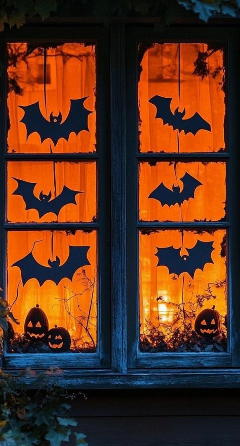 Transform your windows into portals of fright with these Halloween decorations! Create a 3D effect by layering cutouts of a haunted house, flying witches, and a full moon. Use battery-operated flickering candles in different heights for ambiance. Hang strings of miniature pumpkin lights. Create shadow puppets with cardboard and a small lamp. Display a collection of antique-looking potion bottles. Add holographic ghost projections for a high-tech scare. Don't forget to include some fall leaves an Halloween Window Ideas Diy, Halloween Shadow Window, Spooky Silhouettes Halloween Window, Halloween Cardboard Window Cutouts, Ghost Window Display, Halloween Window Cutouts, Cardboard Fall Decor Diy, Witchy Window, Fall Window Decorations