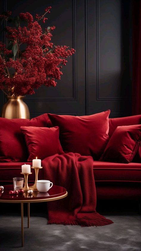 Black And Red House Interior Design, Red Carpet Interior, Red Velvet Decoration, Black And Red Decor, Red Velvet Christmas Tree, Black And Red Living Room, Red Living Room Walls, Armchair Corner, Red Sofa Living Room