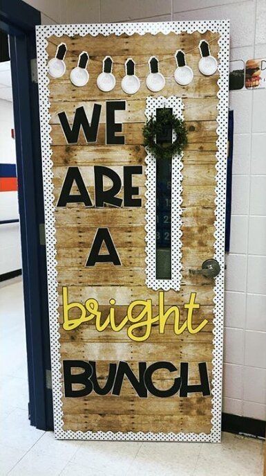 Window Covering For Classroom Door, Home Sweet Classroom Door Ideas, Light Bulb Themed Classroom, Simple Classroom Door Decor, Light Classroom Theme, Farmhouse Classroom Door Ideas, Lightbulb Classroom Theme, Light Bulb Bulletin Board, Student Flat