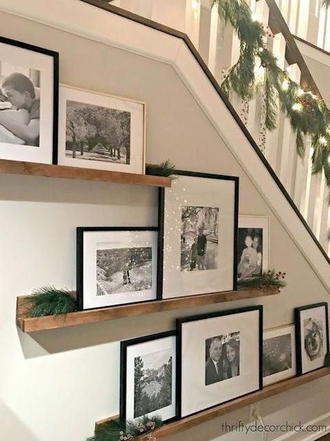 Above Couch Wall Decor Transitional, تحت الدرج, Hall Stairs, Picture Shelves, Thrifty Decor, Frame Wall Decor, Picture On Wood, Picture Frame Wall, Decor Rustic