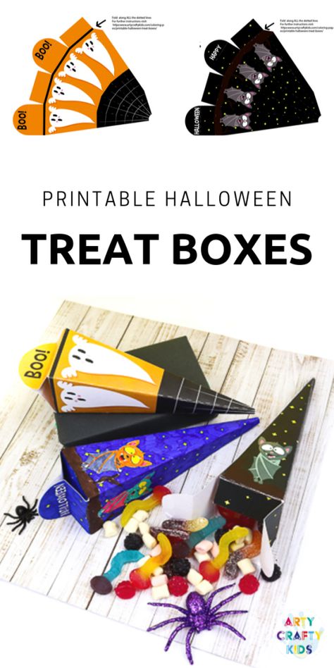 Printable Halloween Treat Boxes - Playfully designed treat boxes for kids to colour and make this Halloween. Ideal for a Halloween party or a night of trick-or-treating #halloween #printables #kidscrafts #coloring Aesthetic Craft Ideas, Craft Ideas For Beginners, Aesthetic Craft, Easy Preschool Crafts, Halloween Treat Boxes, Make Paper Flowers, Irish Crafts, Halloween Preschool, Adornos Halloween