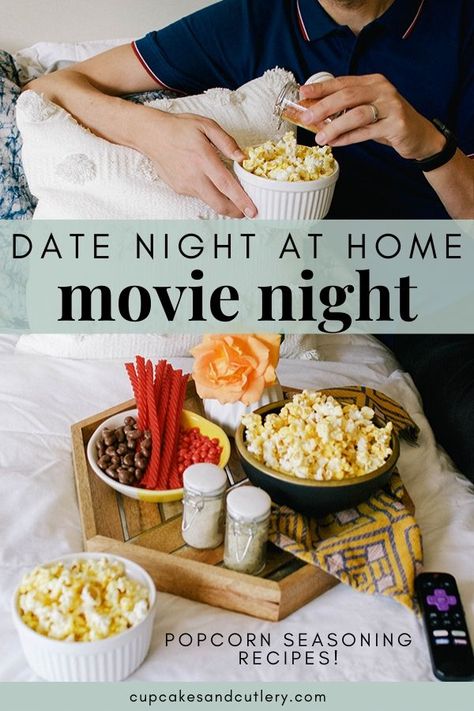 Plan a movie night at home with your partner! Set the kids up with an activity and then retreat to your "movie theater" bedroom. Set up a popcorn bar with flavored seasonings (recipes in the post!) and some candy you have on hand. It's still possible to date when you're stuck at home! #datenightathome #movienight #popcornbar #popcornseasoningrecipes #snackrecipes Homemade Popcorn Seasoning Recipes, At Home Movie Night, Indoor Movie Night, Popcorn Seasoning Recipes, Pride Movie, Date Night Movies, Movie Night Invitations, Movie Night Popcorn, Date Night At Home