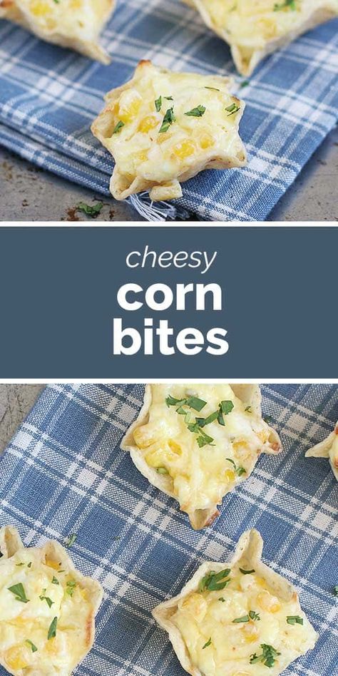 These Cheesy Corn Bites are the perfect bite sized appetizers. Tortilla chips are filled with cheese and corn for an appetizer that is super easy to make. These always disappear quickly! Cowboy Bites With Corn, Corn Appetizer Recipes, Corn Bites Recipe, Corn Appetizer, Corn Bites, Bite Sized Appetizers, Corn Appetizers, Cheesy Corn, Fancy Appetizers