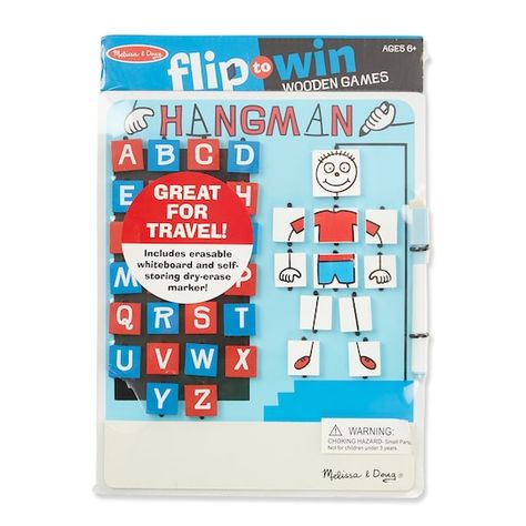 Includes one game board with erasable whiteboard, self-storing dry-erase marker and eraser. No loose pieces. A classic word game with a twist! Kids will love thinking up words to stump their opponent, or taking their best guess to win it all! Includes one Hangman game board with erasable whiteboard, self-storing dry-erase marker and eraser. No loose pieces - ideal for travel! Details:0.9" x 10.2" x 8.75" gameboard size, Conforms to ASTM D-4236, For ages 6 and up | Melissa & Doug® Flip To Win Han Hangman Game, Word Skills, Teaching Spelling, Spelling Test, Minute To Win It Games, Melissa And Doug, Wooden Games, Games Board, Win A Trip