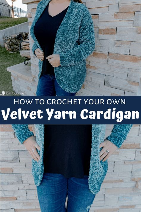 Velvet is everywhere you look right now. Making your own velvet cardi is way more fulfilling than buying a velvet cardigan off the rack, and cheaper, too! Crochet Velvet Cardigan Free Pattern, Crochet Cardigan Pattern Free Women, Crochet Jackets, Velvet Crochet, Foundation Half Double Crochet, Crochet Apparel, Velvet Cardigan, Crochet Cardigan Pattern Free, Crochet Wearables