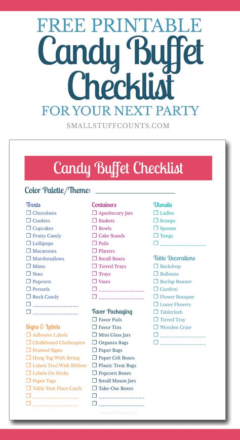 I created a printable checklist to help you gather all of the supplies to create your own candy buffet. It includes a checklist of all the supplies you need to purchase and gather, along with a huge list of supply suggestions under each item. Colorful Candy Buffet, Diy Candy Buffet, Candy Bar Ideas, Buffet Dessert, Candy Buffet Tables, Candy Bar Wedding, Buffet Ideas, Quinceanera Ideas, Event Planning Business