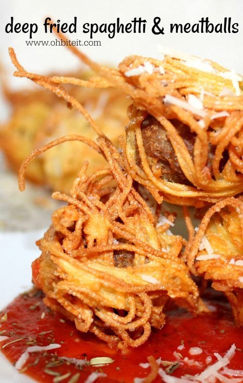 ~Deep Fried Spaghetti & Meatballs! | Oh Bite It Deep Fried Meatballs, Spaghetti Sandwich, Fried Spaghetti, Deep Fried Recipes, Fried Meatballs, Tender Meatballs, Spaghetti Meatballs, Right Here Right Now, Dinner For One