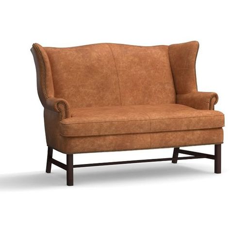 Pottery Barn Thatcher Leather Settee (2 300 AUD) ❤ liked on Polyvore featuring home, furniture, sofas, nailhead trim leather sofa, nail head sofa, colored leather sofas, pottery barn sofa and nail head leather sofa Comfy Sofa Chair, Leather Settee, Upholstered Settee, Sofas For Small Spaces, Leather Recliner Chair, Apartment Sofa, Ikea Chair, Leather Sofas, Settee Sofa