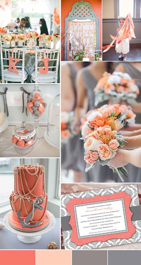 classic coral and grey wedding inspiration for 2016 spring and summer Orange And Gray Wedding, Country Wedding Colors, Grey Wedding Theme, Peach Wedding Colors, Wedding Color Scheme, Wedding Themes Spring, Wedding Color Trends, Gray Wedding, Spring Wedding Colors