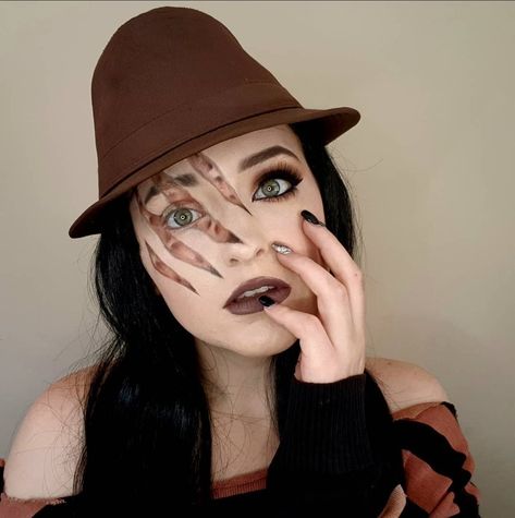 Glam Freddy Krueger with one eye slashed and Freddy skin peeking through, the rest of the face has beauty makeup Pretty Freddy Krueger Makeup, Glam Freddy Krueger Makeup, Women's Freddy Krueger Makeup, Freddie Kruger Makeup Women, Freddy Makeup Halloween, Freddy Krueger Costume Women Makeup, Fredy Krueger Makeup, Freddy Kruger Girl Costume, Freddy Krueger Makeup Women