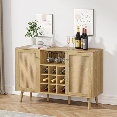 Bay Isle Home 47.2'' Bar Cabinet | Wayfair Cabinet With Wine Rack, Wine Rack Sideboard, Coffee Cabinet, Coffee Bar Cabinet, Farmhouse Coffee Bar, Farmhouse Sideboard, Door Farmhouse, Wine Bar Cabinet, Home Coffee Bar