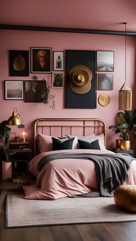 Top 28 Blush & Gold Boho Bedrooms - Discover Stylish & Cozy Decor Ideas Elegant Pink Living Room, Brown And Pink Bedroom Decor, Black And Pink Room Design, Black Walls With Pink Accents, Pink Shades For Bedroom, Brown And Pink Decor Living Room, Soft Pink Room Decor, Blush Pink And Black Bedroom, Pink And Black Living Room Ideas