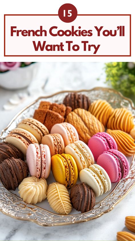 An assortment of traditional French cookies, including colorful macarons and golden madeleines, displayed on a delicate tray perfect for any occasion. France Dessert, French Silk Pie Cookies, French Cookies Recipes, French Silk Crumble Cookie, Unusual Cookies, French Pastry Aesthetic, French Cookies Decorated, French Cookies Traditional, Fancy French Pastries