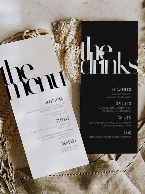 Diy Menu Cards, Drink Menu Template, Birthday Dinner Menu, Template Black And White, Drink Menu Design, Wedding Menus Design, Diy Wedding Menu, Wedding Food Menu, Bar Menu Sign