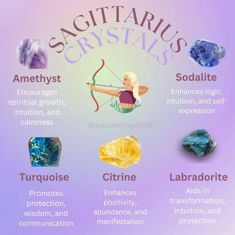 These crystals complement Sagittarius’ adventurous spirit, supporting their love for exploration, personal growth, and positive energy. . . . . . . . . . #witchlife #witchesofinstagram #moonmagick #witch #witchcraft #pagan #spiritual #Spirituality #witchytips #witchyaesthetic #babywitch #modernwitch #greenwitch #magickaltools #beginnerwitch #magickalsupplies #witchy #witchtok #witchyvibes #halloween #pagansofinstagram #witchessociety #witchesofig #welcomingwitch #crystals #zodiac #sagittarius Sagittarius Gemstones, Sagittarius Witch, Sagittarius Crystals, Crystals Zodiac, Baby Witch, Gemstone Meanings, Modern Witch, Crystal Magic, Zodiac Sagittarius