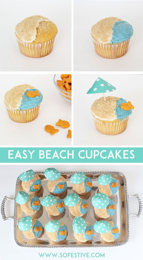 Makes these easy beach cupcakes for your next summer party. They are easy and will wow kids and adults alike! Party Food Ideas For Adults, Edible Sand, Beach Cupcakes, Homemade Buttercream Frosting, Summer Cupcakes, Cupcakes Easy, Cupcake Tutorial, Beach Cakes, Beach Birthday Party