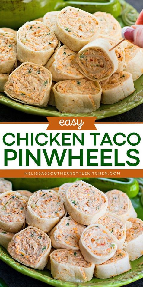 A simple appetizer featuring tortilla roll ups! It's also a great snack idea in between meals. Delicious and fun to eat, these Easy Chicken Taco Pinwheels are sure to be a hit every time! Pin this for later! Shredded Chicken Pinwheels, Pinwheel Appetizers Chicken, Chicken Taco Pinwheels, Pinwheel Appetizer, Sandwich Appetizer, Easy Chicken Taco, Taco Pinwheels, Chicken Cheddar, Chicken Pinwheels