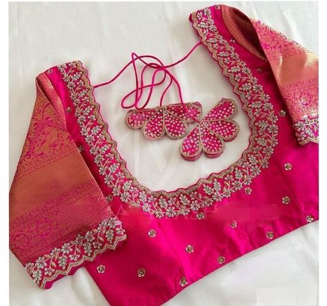 Simple Blouse Embroidery Designs Latest, Muhurtham Aari Work Blouse, Work On Tissue Blouse, Neck Design For Aari Blouse, Maggamwork Blouses Latest Simple, Simple Maggam Work Blouses Pink, Lehanga Blouse Back Neck Designs, Simple Tread Works For Blouse, Magam Blouse Designs