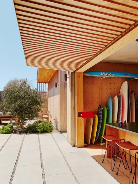 Bohemian Surf House home sits on Californian beachfront | Wallpaper Modern Surf House, Surfboard Storage, Chic Beach House, Front Courtyard, Santa Cruz California, Gorgeous Houses, Surf House, Surf Shack, Exterior Cladding