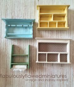 Fabulously Flawed Miniatures: Miniature Cottage Shelves Dollhouse Farmhouse Style, Diy Miniatures Tutorials, Diy Miniature Furniture, Miniature Shelves, Diy Dollhouse Miniatures, Modern Dollhouse Furniture, Handmade Dollhouse, Dollhouse Miniature Tutorials, Doll Furniture Diy