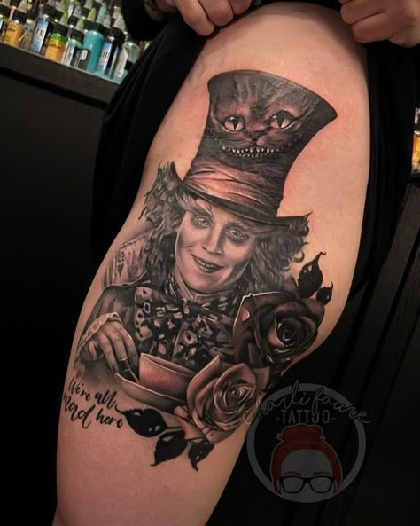 Johnny Depp Tattoos Ideas Tim Burton, Mad Hatter Sleeve Tattoo, Madd Hatter Tattoos, Mad Hatters Hat Tattoo, Johnny Depp Mad Hatter Tattoo, Tattoos Alice In Wonderland, Mad Hatter Tattoo Ideas, Tim Burton Tattoo Sleeve Ideas, Tattoo Tim Burton