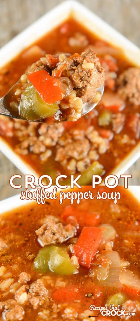 This Crock Pot Stuffed Pepper Soup is a reader favorite and one of our most popular slow cooker recipes! Crock Pot Stuffed Pepper Soup, Crockpot Lunch, Crockpot Stuffed Peppers, Slow Cooker Stuffed Peppers, Casserole Crockpot, Vegetarian Casserole, Pepper Soup, Stuffed Pepper, Green Peppers