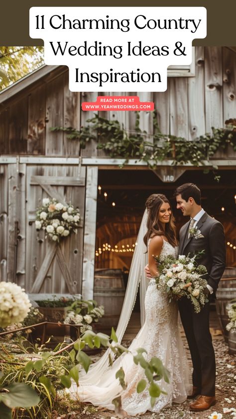 A stunning couple standing in front of a rustic barn, surrounded by charming country wedding decor, including vintage elements and lush greenery, epitomizing the perfect country wedding celebration. Boho Country Backyard Wedding, Cute Country Wedding, Haley's Comet, Country Rustic Wedding Ideas, Romantic Country Wedding, Country Themed Wedding, Country Backyards, Fall Country Wedding, Country Style Dresses