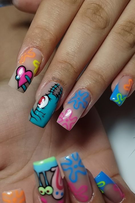 Spongebob squarepants nails, gary, plankton, Summer inspiration nails, green, pink, summer 2023, 2k23, uñas, unhas, cartoon nails Plankton Nails, Nails Green Pink, Gary Spongebob, Spongebob Nails, Cartoon Nails, Inspiration Nails, Nails Green, Summer Inspiration, Pink Summer