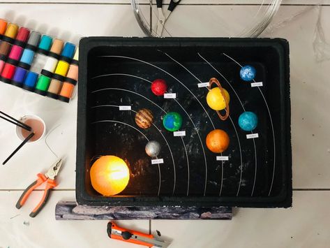 Solar system project for kids Box Solar System Project, Solar System Diorama Projects, Clay Solar System Model, Solar System Projects 3d, Solar System Projects For Kids 5th, Solar System Projects For Kids 3rd, Planet Project Ideas, Easy Solar System Projects For Kids, Solar System Model For Kids