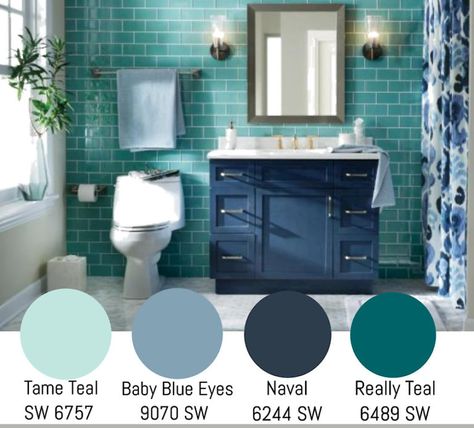 Charming Blue Hues for the Bathroom | Color Palettes for Homes | Bon Avenir Realty Blue And Teal Bathroom, Turquoise And White Bathroom, Small Bathroom Ideas Turquoise, Blue Teal Bathroom, Navy And Teal Bathroom, Navy And Turquoise Bathroom, Teal And Navy Kitchen, Teal Tiled Bathrooms, Teal Floor Tile Bathroom