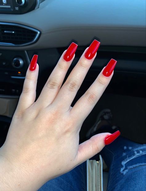 Short Red Acrylic Nails Square, Red Tapered Square Nails, Red Nails Square, Red Square Nails, Red Fingernails, Nail Theory, Square Gel Nails, Grad Nails, Bossy Nails