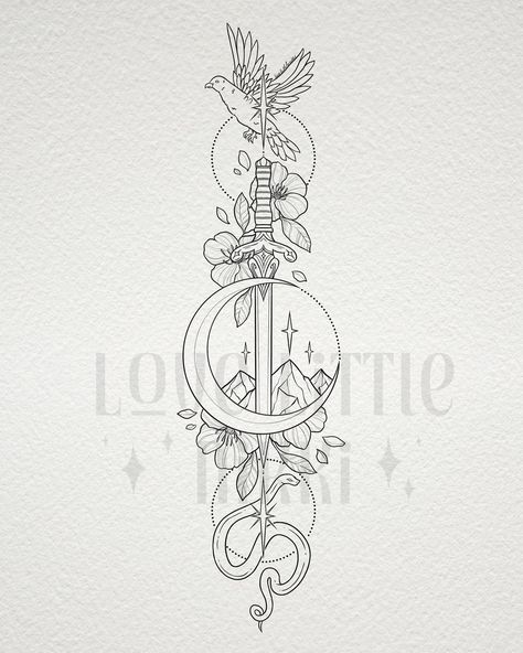 Serpent & Dove design for the lovely Brianna 🕊️🐍 this pretty tattoo piece also includes imagery from ACOTAR & FBAA 🗡️🌙 #bookish #serpentanddove #acotar Serpent Dove Tattoo, Dove And Serpent Tattoo, Dove And Snake Tattoo, Serpent And The Wings Of Night Tattoo, Serpent And Dove Tattoo, Nesta Archeron Tattoo Ideas, Songbird Tattoo, Acotar Tattoos, Edge Ideas