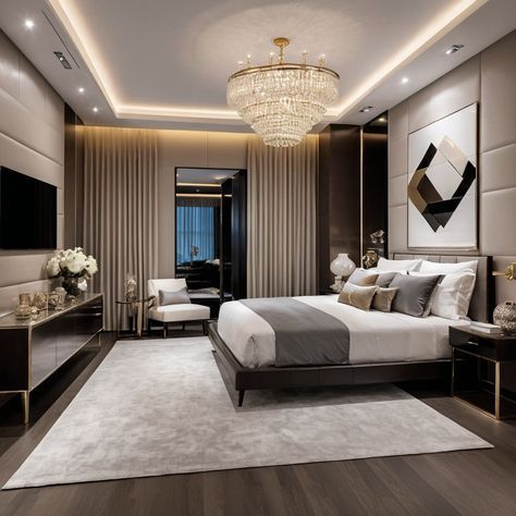 Dark Hardwood Floors Bedroom Decor, Dark Hardwood Floors Bedroom, Hardwood Floors Bedroom, Color Palette With Gold, Nightstand With Lamp, Luxurious Modern Bedrooms, Sleek Console Table, Sleek Console, Dark Hardwood Floors