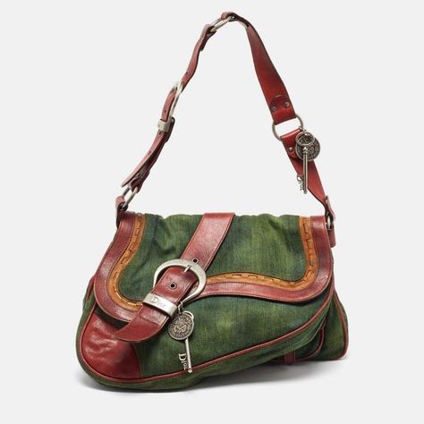 Dior Green Canvas nad Leather Large Gaucho Double Saddle Bag Dior | The Luxury Closet Dior Leather Bag, Dior Gaucho Bag, Dior Green, Accessory Inspo, Dream Bags, Pay Bills, Tiktok Fashion, Fall 24, Women Crossbody Bag