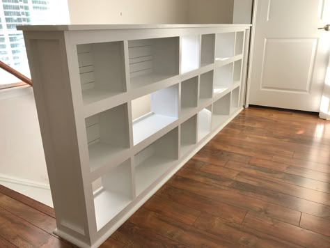 Our new built-in book cases Bookcase Railing, Build A Bookcase, Bookcase Stairs, Banister Remodel, Split Entry Remodel, Pallet Deck Diy, Split Foyer, Stair Banister, Pony Wall